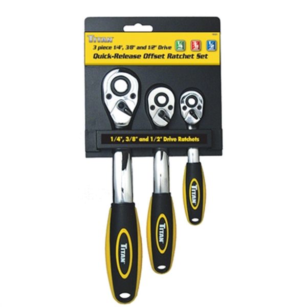 Titan Ratchet Set, 3 Piece, 1/4", 3/8", 1/2" Drive, Quick Release Button, Offset Design, Cushioned Grip 18025